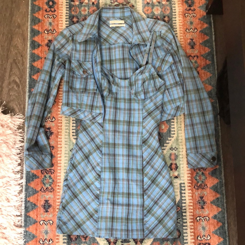 Blue plaid dress and jacket set